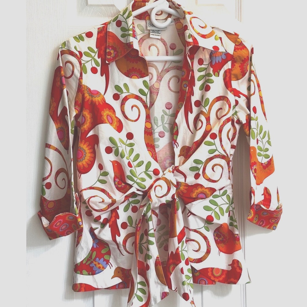 Bella Pelle Women Small Bird Floral Print Tie Front Shirt 3/4 Sleeve Made in USA